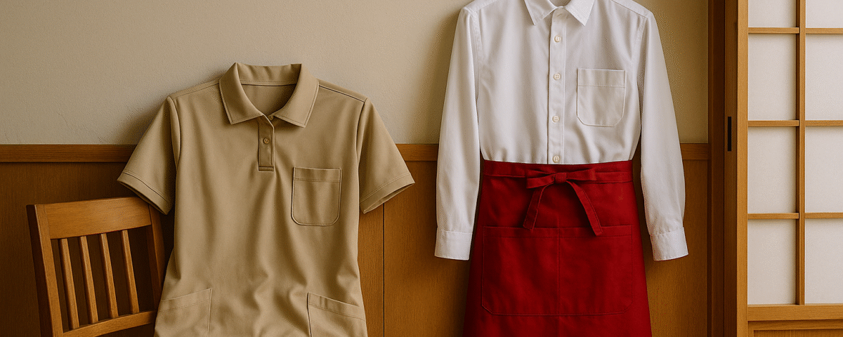 Foto realistik seragam caregiver berwarna krem dan seragam restoran putih dengan celemek merah, ditata berdampingan di interior bergaya Jepang, menonjolkan masa tinggal SSW caregiver dan restoran di Jepang tanpa kehadiran manusia, dengan aksen warna hangat dan sedikit merah sebagai ciri khas suasana kerja profesional Jepang.