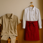 Foto realistik seragam caregiver berwarna krem dan seragam restoran putih dengan celemek merah, ditata berdampingan di interior bergaya Jepang, menonjolkan masa tinggal SSW caregiver dan restoran di Jepang tanpa kehadiran manusia, dengan aksen warna hangat dan sedikit merah sebagai ciri khas suasana kerja profesional Jepang.