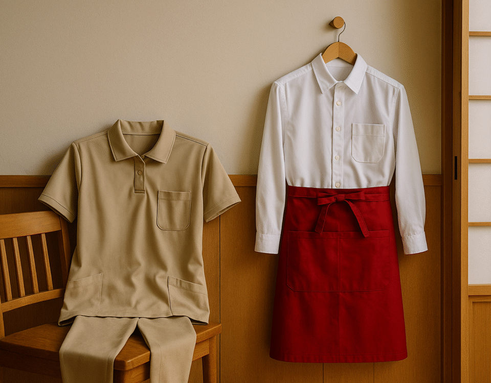 Foto realistik seragam caregiver berwarna krem dan seragam restoran putih dengan celemek merah, ditata berdampingan di interior bergaya Jepang, menonjolkan masa tinggal SSW caregiver dan restoran di Jepang tanpa kehadiran manusia, dengan aksen warna hangat dan sedikit merah sebagai ciri khas suasana kerja profesional Jepang.