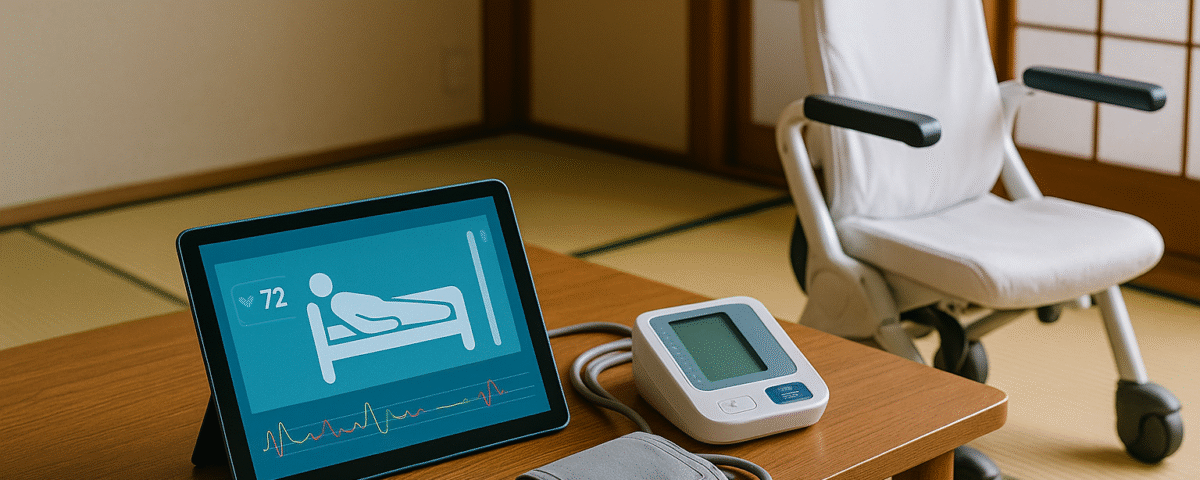 Foto realistik perangkat teknologi dunia kaigo Jepang: tablet menampilkan data pasien, kursi robotik perawatan, dan tensimeter elektronik di ruang tatami Jepang minimalis. Visual ini menonjolkan kemajuan teknologi dalam dunia kaigo Jepang sebagai peluang SSW Indonesia, dengan aksen warna merah lembut dan nuansa interior tradisional modern.