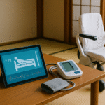 Foto realistik perangkat teknologi dunia kaigo Jepang: tablet menampilkan data pasien, kursi robotik perawatan, dan tensimeter elektronik di ruang tatami Jepang minimalis. Visual ini menonjolkan kemajuan teknologi dalam dunia kaigo Jepang sebagai peluang SSW Indonesia, dengan aksen warna merah lembut dan nuansa interior tradisional modern.