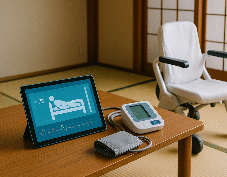 Foto realistik perangkat teknologi dunia kaigo Jepang: tablet menampilkan data pasien, kursi robotik perawatan, dan tensimeter elektronik di ruang tatami Jepang minimalis. Visual ini menonjolkan kemajuan teknologi dalam dunia kaigo Jepang sebagai peluang SSW Indonesia, dengan aksen warna merah lembut dan nuansa interior tradisional modern.