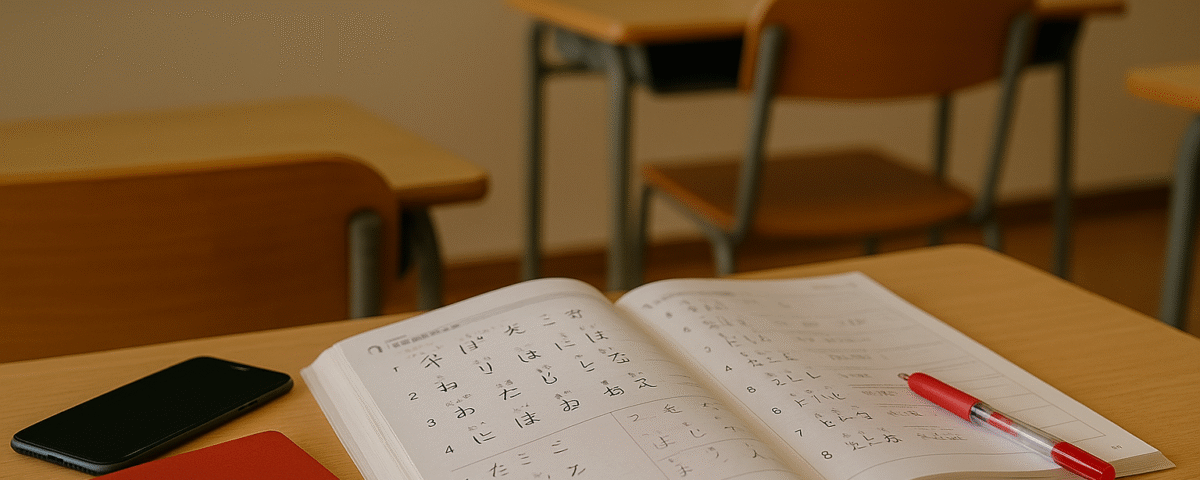 Foto realistik suasana kelas bahasa Jepang dengan buku pelajaran terbuka di atas meja kayu, pulpen merah, notebook, dan ponsel sebagai simbol kemudahan cara daftar kelas bahasa Jepang; tanpa manusia, dengan sentuhan warna merah, memberikan nuansa modern dan inspiratif dalam proses persiapan kerja ke Jepang.