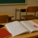 Foto realistik suasana kelas bahasa Jepang dengan buku pelajaran terbuka di atas meja kayu, pulpen merah, notebook, dan ponsel sebagai simbol kemudahan cara daftar kelas bahasa Jepang; tanpa manusia, dengan sentuhan warna merah, memberikan nuansa modern dan inspiratif dalam proses persiapan kerja ke Jepang.
