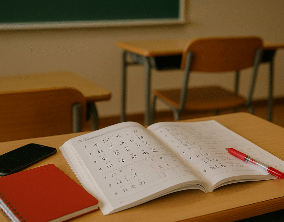 Foto realistik suasana kelas bahasa Jepang dengan buku pelajaran terbuka di atas meja kayu, pulpen merah, notebook, dan ponsel sebagai simbol kemudahan cara daftar kelas bahasa Jepang; tanpa manusia, dengan sentuhan warna merah, memberikan nuansa modern dan inspiratif dalam proses persiapan kerja ke Jepang.