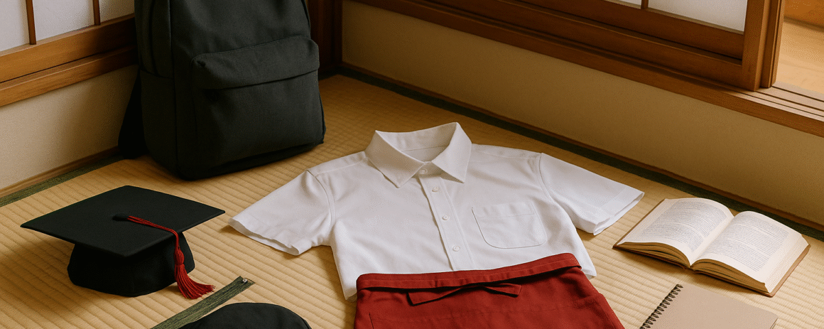 Foto realistik benda-benda simbolis syarat usia dan pendidikan program kerja restoran Jepang: seragam restoran putih dengan celemek merah, ransel, buku terbuka, dan topi wisuda dengan aksen merah, tertata di atas tatami ruang bergaya Jepang minimalis—tanpa kehadiran manusia, visualisasi unik untuk artikel tentang syarat usia dan pendidikan kerja restoran Jepang.