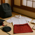 Foto realistik benda-benda simbolis syarat usia dan pendidikan program kerja restoran Jepang: seragam restoran putih dengan celemek merah, ransel, buku terbuka, dan topi wisuda dengan aksen merah, tertata di atas tatami ruang bergaya Jepang minimalis—tanpa kehadiran manusia, visualisasi unik untuk artikel tentang syarat usia dan pendidikan kerja restoran Jepang.