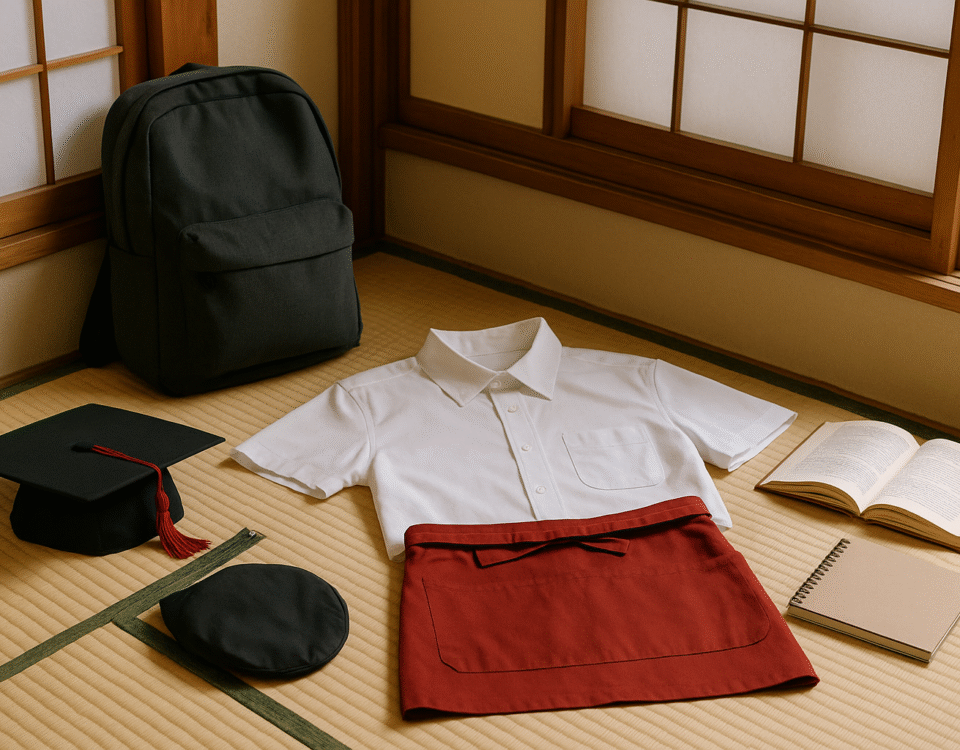 Foto realistik benda-benda simbolis syarat usia dan pendidikan program kerja restoran Jepang: seragam restoran putih dengan celemek merah, ransel, buku terbuka, dan topi wisuda dengan aksen merah, tertata di atas tatami ruang bergaya Jepang minimalis—tanpa kehadiran manusia, visualisasi unik untuk artikel tentang syarat usia dan pendidikan kerja restoran Jepang.