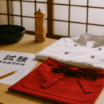 Foto realistik alat ujian keterampilan bidang restoran Jepang: meja kayu dengan seragam chef putih, celemek merah, lembar ujian berbahasa Jepang, alat tulis, serta perlengkapan dapur seperti wajan dan panci, di depan shoji screen, visualisasi proses ujian keterampilan bidang restoran Jepang tanpa manusia.
