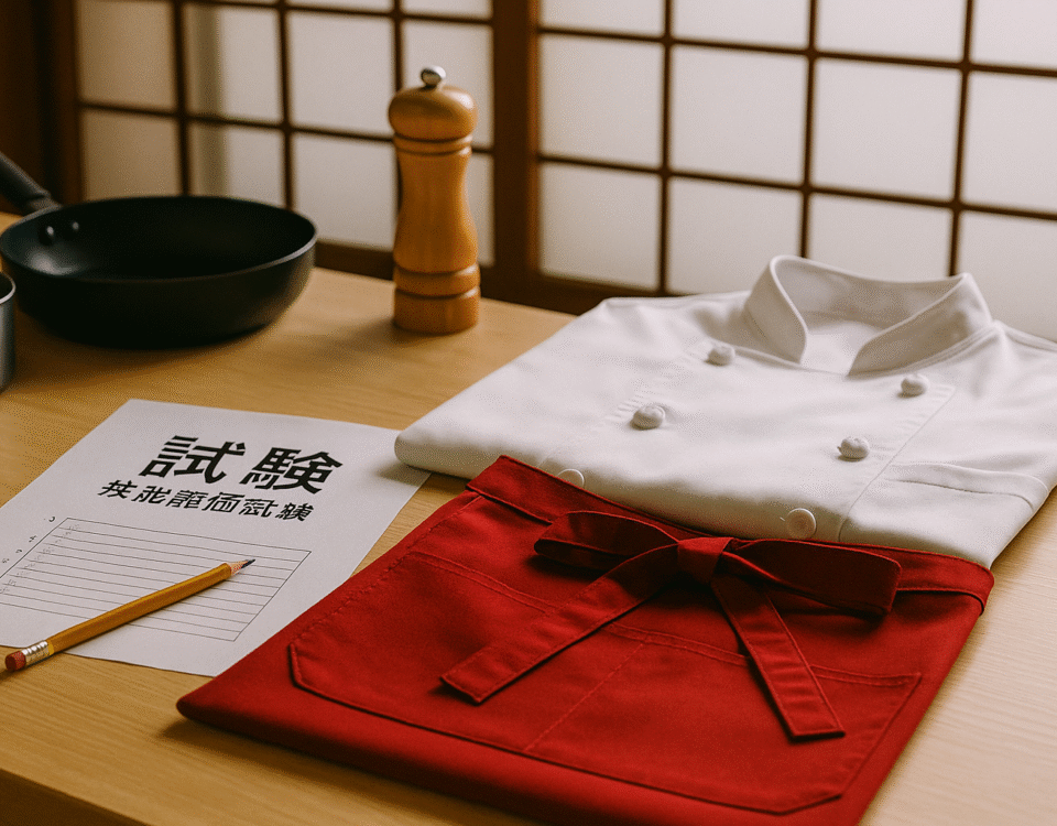 Foto realistik alat ujian keterampilan bidang restoran Jepang: meja kayu dengan seragam chef putih, celemek merah, lembar ujian berbahasa Jepang, alat tulis, serta perlengkapan dapur seperti wajan dan panci, di depan shoji screen, visualisasi proses ujian keterampilan bidang restoran Jepang tanpa manusia.