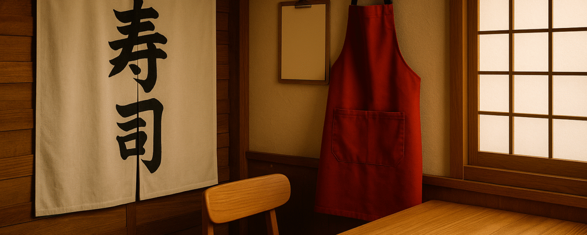Foto realistik sudut restoran bergaya Jepang dengan nuansa kayu hangat, noren bertuliskan kanji, celemek merah menggantung, dan jendela shoji, merepresentasikan perbedaan budaya kerja restoran Jepang dan Indonesia tanpa kehadiran manusia, dengan elemen visual yang menonjolkan perbedaan suasana kerja dua negara.