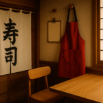 Foto realistik sudut restoran bergaya Jepang dengan nuansa kayu hangat, noren bertuliskan kanji, celemek merah menggantung, dan jendela shoji, merepresentasikan perbedaan budaya kerja restoran Jepang dan Indonesia tanpa kehadiran manusia, dengan elemen visual yang menonjolkan perbedaan suasana kerja dua negara.