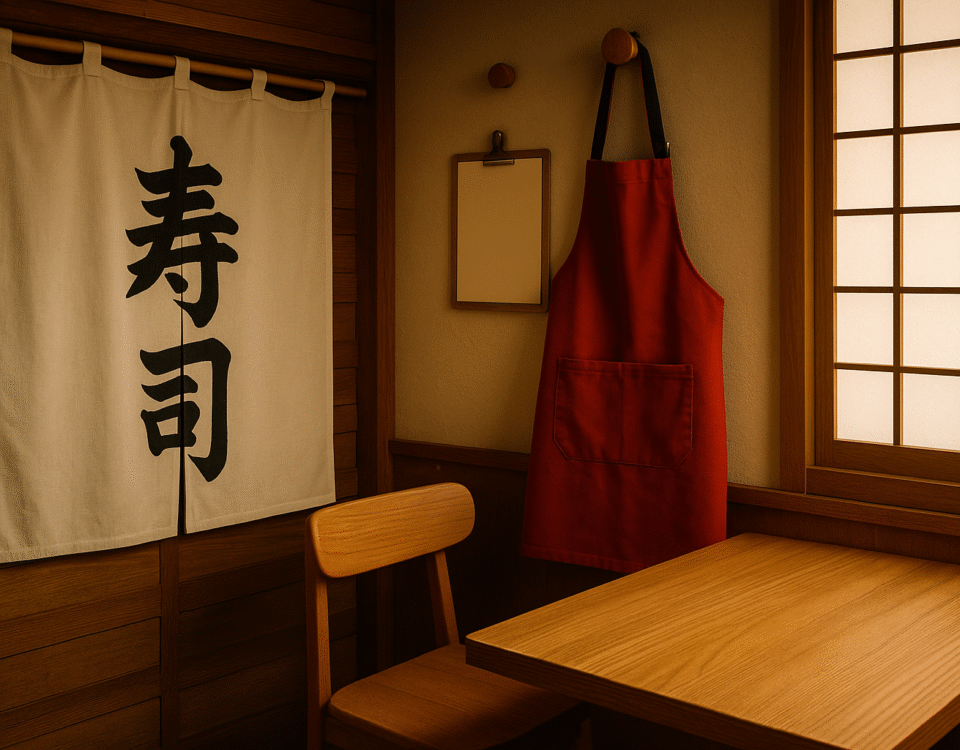 Foto realistik sudut restoran bergaya Jepang dengan nuansa kayu hangat, noren bertuliskan kanji, celemek merah menggantung, dan jendela shoji, merepresentasikan perbedaan budaya kerja restoran Jepang dan Indonesia tanpa kehadiran manusia, dengan elemen visual yang menonjolkan perbedaan suasana kerja dua negara.