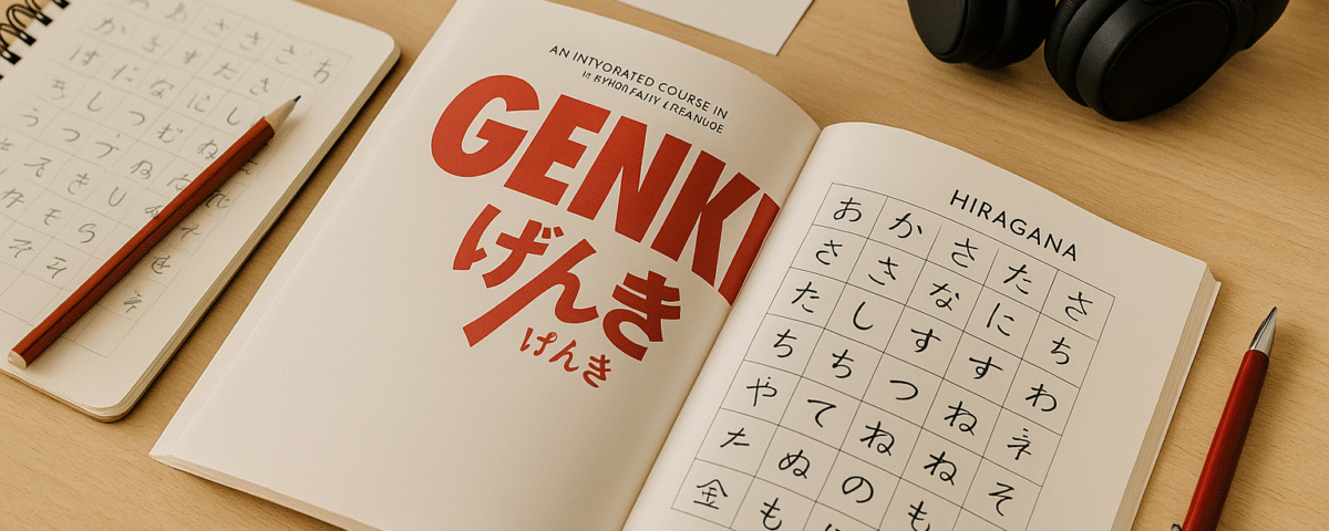 Foto realistik tips belajar bahasa Jepang pemula: buku GENKI, catatan hiragana, pena merah, headphone, dan bendera Jepang di atas meja kayu terang—mencerminkan suasana belajar efektif dan inspiratif untuk pemula, tanpa kehadiran manusia, dengan sedikit aksen merah.