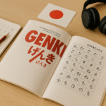 Foto realistik tips belajar bahasa Jepang pemula: buku GENKI, catatan hiragana, pena merah, headphone, dan bendera Jepang di atas meja kayu terang—mencerminkan suasana belajar efektif dan inspiratif untuk pemula, tanpa kehadiran manusia, dengan sedikit aksen merah.