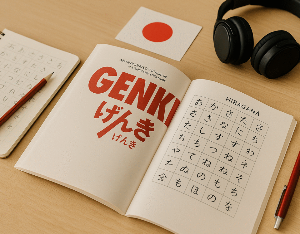 Foto realistik tips belajar bahasa Jepang pemula: buku GENKI, catatan hiragana, pena merah, headphone, dan bendera Jepang di atas meja kayu terang—mencerminkan suasana belajar efektif dan inspiratif untuk pemula, tanpa kehadiran manusia, dengan sedikit aksen merah.