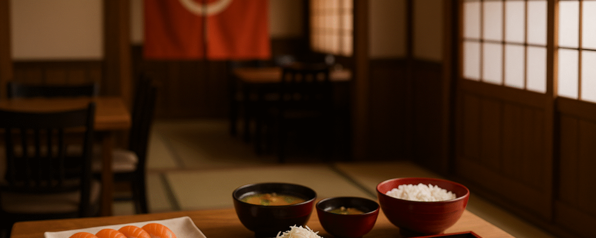 Foto realistik interior restoran Jepang dengan hidangan sushi, katsu, mie udon, sup, dan nasi tertata di atas meja kayu, nuansa hangat, dekorasi shoji dan noren merah—mewakili peluang kerja restoran Jepang SMA/SMK tanpa kehadiran manusia, suasana profesional, unik, dan otentik.