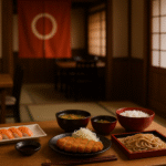 Foto realistik interior restoran Jepang dengan hidangan sushi, katsu, mie udon, sup, dan nasi tertata di atas meja kayu, nuansa hangat, dekorasi shoji dan noren merah—mewakili peluang kerja restoran Jepang SMA/SMK tanpa kehadiran manusia, suasana profesional, unik, dan otentik.