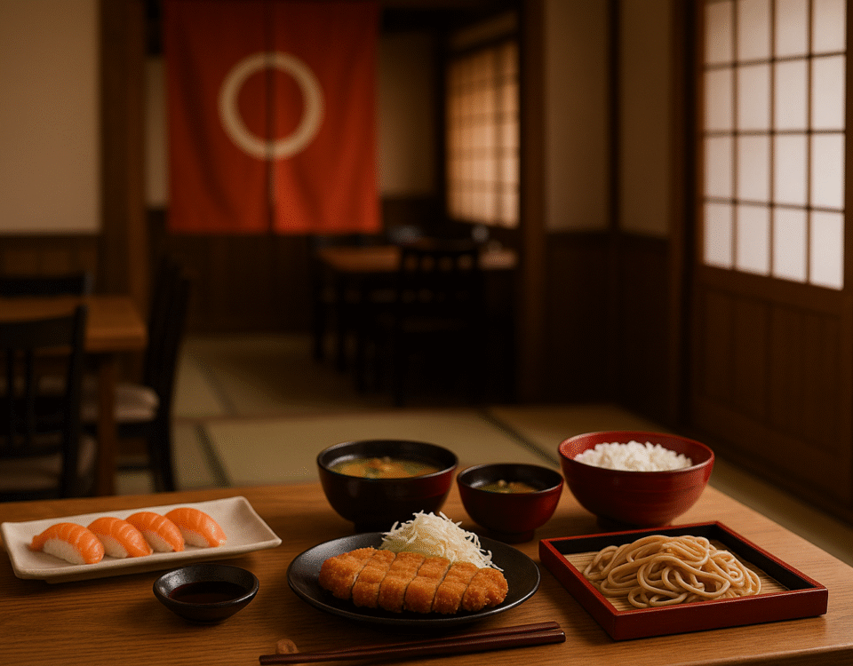 Foto realistik interior restoran Jepang dengan hidangan sushi, katsu, mie udon, sup, dan nasi tertata di atas meja kayu, nuansa hangat, dekorasi shoji dan noren merah—mewakili peluang kerja restoran Jepang SMA/SMK tanpa kehadiran manusia, suasana profesional, unik, dan otentik.