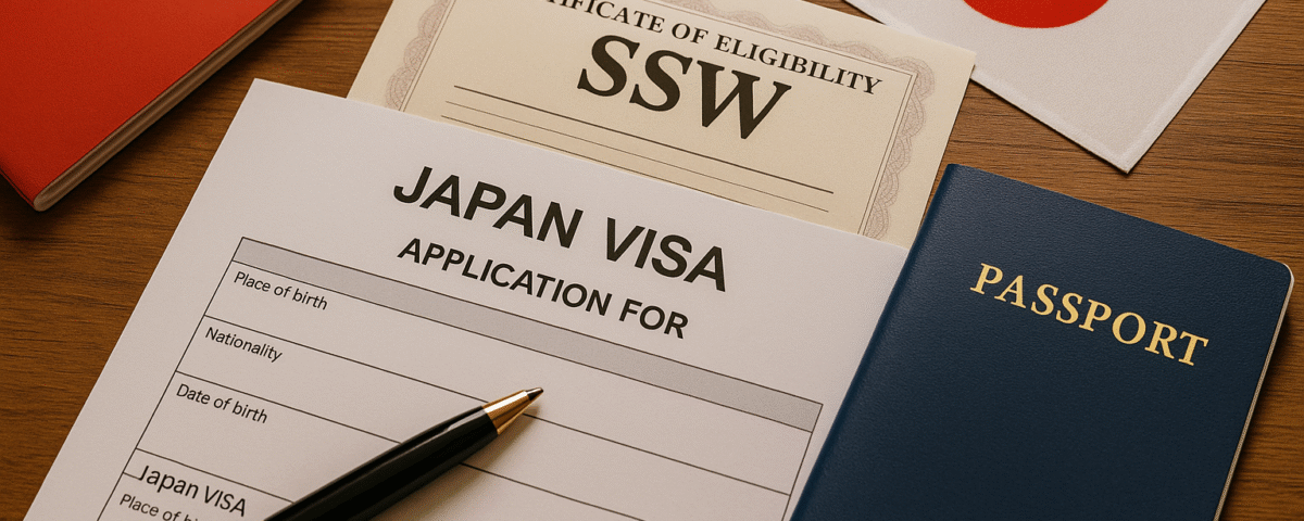 Foto dokumen-dokumen penting untuk visa SSW Jepang bagi warga Karawang—terdapat formulir aplikasi visa, paspor biru, Certificate of Eligibility, dan bendera Jepang kecil di atas meja kayu dengan sedikit aksen merah, visual realistik tanpa kehadiran manusia.