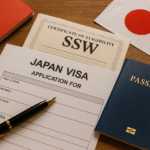 Foto dokumen-dokumen penting untuk visa SSW Jepang bagi warga Karawang—terdapat formulir aplikasi visa, paspor biru, Certificate of Eligibility, dan bendera Jepang kecil di atas meja kayu dengan sedikit aksen merah, visual realistik tanpa kehadiran manusia.