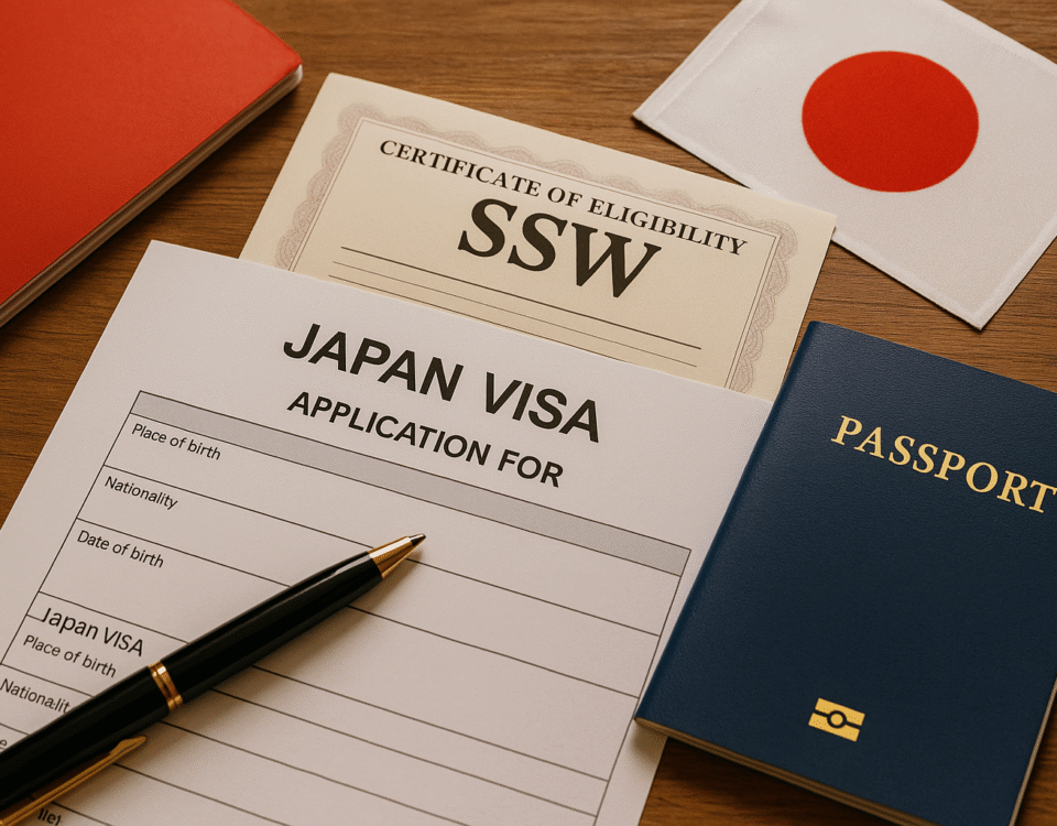 Foto dokumen-dokumen penting untuk visa SSW Jepang bagi warga Karawang—terdapat formulir aplikasi visa, paspor biru, Certificate of Eligibility, dan bendera Jepang kecil di atas meja kayu dengan sedikit aksen merah, visual realistik tanpa kehadiran manusia.