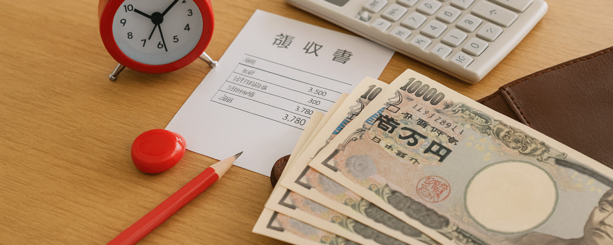 Foto realistik biaya hidup pekerja baru di Jepang: lembar uang 10.000 yen, kalkulator, struk belanja, jam meja merah, dan dompet kulit di atas meja kayu, menyimbolkan pengelolaan keuangan harian pekerja pendatang, tanpa kehadiran manusia, angle close-up yang unik.