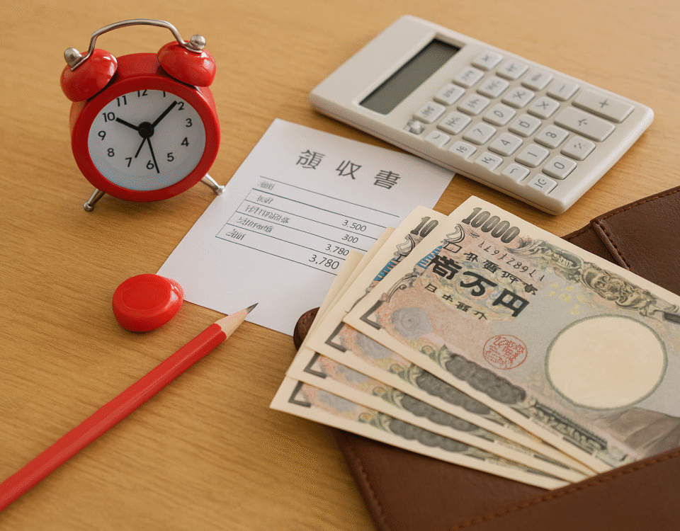 Foto realistik biaya hidup pekerja baru di Jepang: lembar uang 10.000 yen, kalkulator, struk belanja, jam meja merah, dan dompet kulit di atas meja kayu, menyimbolkan pengelolaan keuangan harian pekerja pendatang, tanpa kehadiran manusia, angle close-up yang unik.