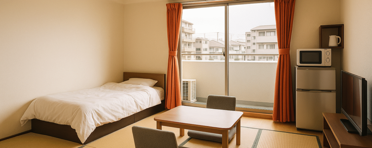 Foto realistik tempat tinggal peserta SSW di Jepang berupa apartemen bergaya Jepang minimalis, lengkap dengan kasur, meja rendah, kursi lantai, tatami, jendela besar, dan tirai oranye. Suasana hangat, modern, nyaman, tanpa kehadiran manusia—menampilkan pilihan hunian SSW yang fungsional dan asri.