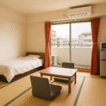 Foto realistik tempat tinggal peserta SSW di Jepang berupa apartemen bergaya Jepang minimalis, lengkap dengan kasur, meja rendah, kursi lantai, tatami, jendela besar, dan tirai oranye. Suasana hangat, modern, nyaman, tanpa kehadiran manusia—menampilkan pilihan hunian SSW yang fungsional dan asri.