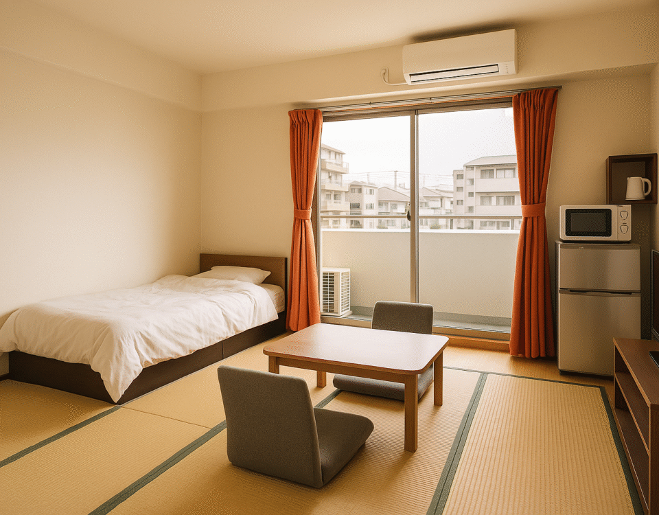 Foto realistik tempat tinggal peserta SSW di Jepang berupa apartemen bergaya Jepang minimalis, lengkap dengan kasur, meja rendah, kursi lantai, tatami, jendela besar, dan tirai oranye. Suasana hangat, modern, nyaman, tanpa kehadiran manusia—menampilkan pilihan hunian SSW yang fungsional dan asri.