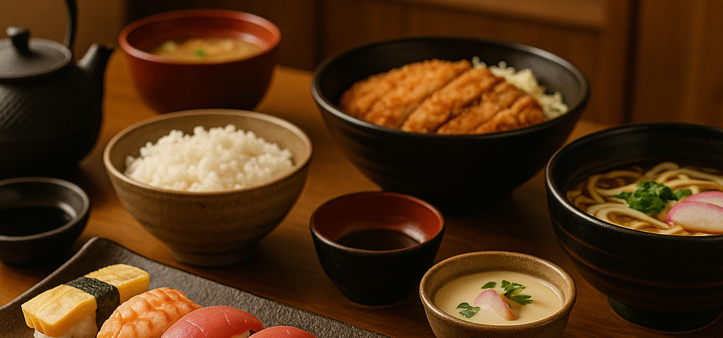 Foto makanan khas Jepang pekerja restoran menampilkan susunan sushi, tonkatsu, udon, chawanmushi, nasi putih, sup miso, teh panas, dan sayur dalam mangkuk, disajikan di atas meja kayu dengan latar interior tradisional, noren merah, dan pencahayaan hangat. Visual ini unik, menggugah selera, dan mewakili beragam hidangan yang wajib dicoba pekerja restoran Jepang.