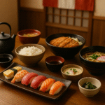 Foto makanan khas Jepang pekerja restoran menampilkan susunan sushi, tonkatsu, udon, chawanmushi, nasi putih, sup miso, teh panas, dan sayur dalam mangkuk, disajikan di atas meja kayu dengan latar interior tradisional, noren merah, dan pencahayaan hangat. Visual ini unik, menggugah selera, dan mewakili beragam hidangan yang wajib dicoba pekerja restoran Jepang.
