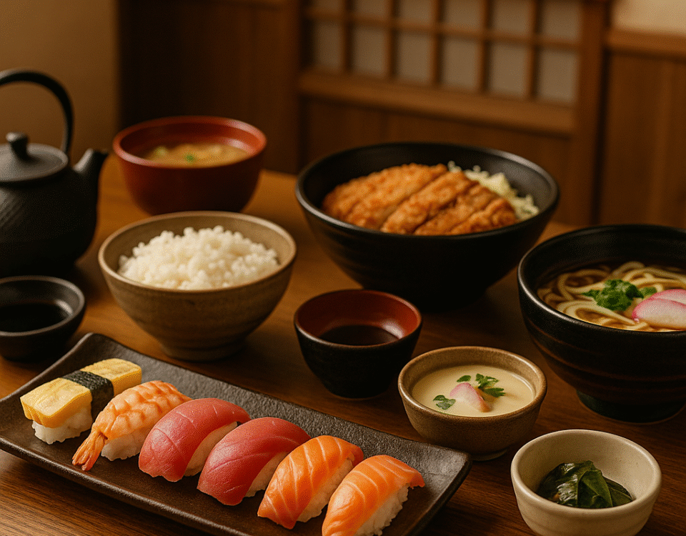 Foto makanan khas Jepang pekerja restoran menampilkan susunan sushi, tonkatsu, udon, chawanmushi, nasi putih, sup miso, teh panas, dan sayur dalam mangkuk, disajikan di atas meja kayu dengan latar interior tradisional, noren merah, dan pencahayaan hangat. Visual ini unik, menggugah selera, dan mewakili beragam hidangan yang wajib dicoba pekerja restoran Jepang.