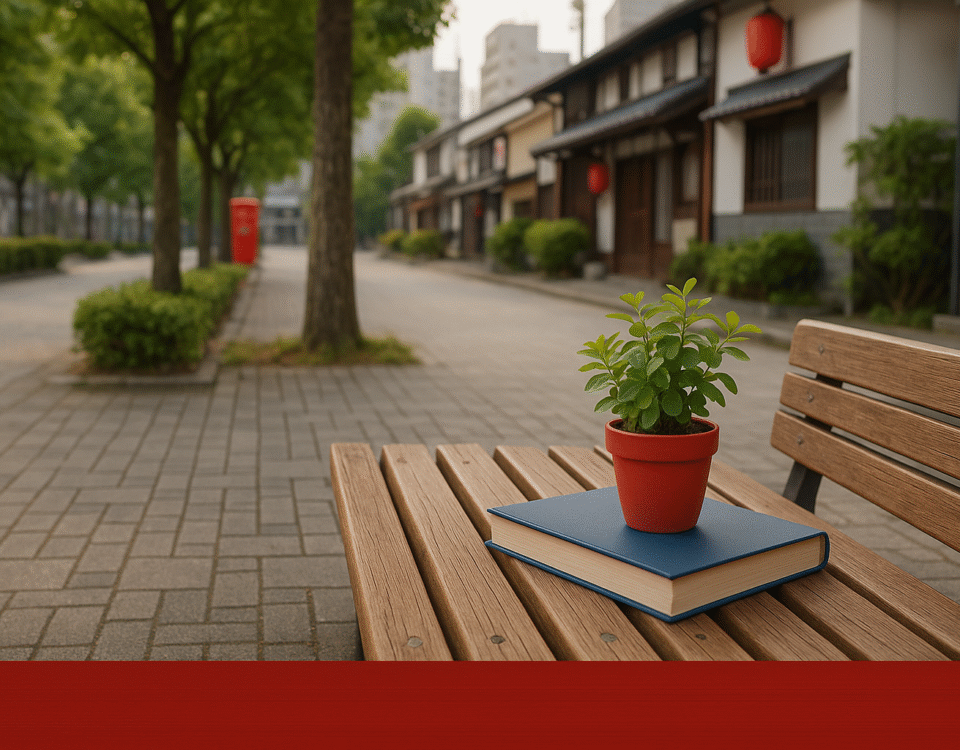 Foto realistik suasana taman kota Jepang yang damai, bangku kayu dengan buku dan pot tanaman hijau di atasnya, latar belakang jalan berpaving, pohon rindang, serta rumah-rumah tradisional dengan aksen lampion merah—visualisasi kesehatan mental kerja di Jepang secara natural dan menenangkan.