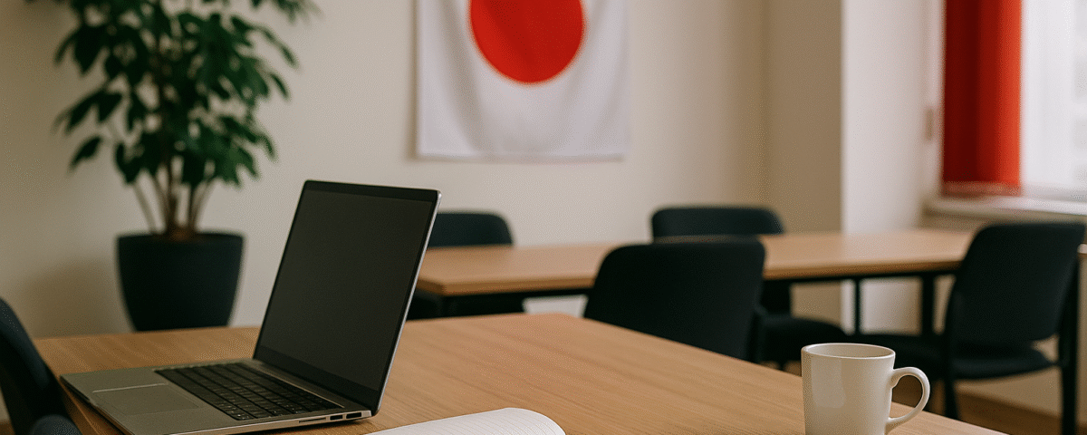 Foto realistik meja kerja kantor Jepang dengan laptop, buku catatan, grafik komunikasi, dan cangkir kopi di ruang rapat bergaya minimalis. Latar belakang terdapat bendera Jepang dan tirai merah, merepresentasikan suasana komunikasi efektif kerja di Jepang secara profesional dan inspiratif.