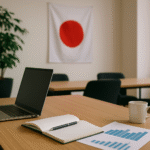 Foto realistik meja kerja kantor Jepang dengan laptop, buku catatan, grafik komunikasi, dan cangkir kopi di ruang rapat bergaya minimalis. Latar belakang terdapat bendera Jepang dan tirai merah, merepresentasikan suasana komunikasi efektif kerja di Jepang secara profesional dan inspiratif.