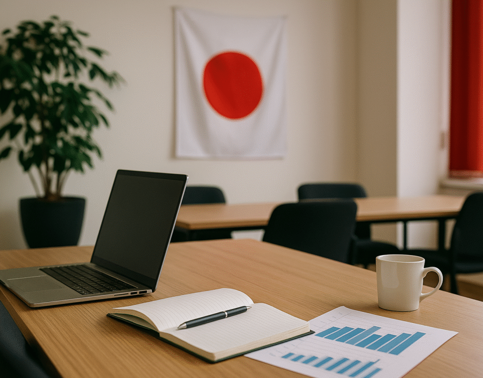 Foto realistik meja kerja kantor Jepang dengan laptop, buku catatan, grafik komunikasi, dan cangkir kopi di ruang rapat bergaya minimalis. Latar belakang terdapat bendera Jepang dan tirai merah, merepresentasikan suasana komunikasi efektif kerja di Jepang secara profesional dan inspiratif.