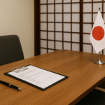 Foto realistik suasana ruang wawancara perusahaan Jepang: meja kayu rapi dengan dokumen resume, pena, dan bendera Jepang mini di atasnya, berlatar shoji screen dan nuansa interior Jepang profesional, mewakili proses wawancara perusahaan Jepang tanpa kehadiran manusia.