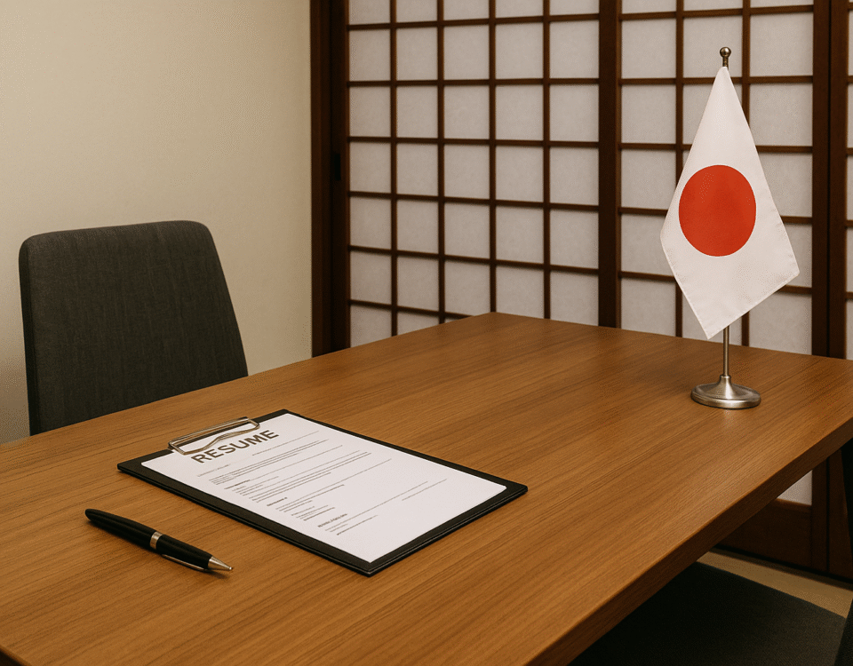 Foto realistik suasana ruang wawancara perusahaan Jepang: meja kayu rapi dengan dokumen resume, pena, dan bendera Jepang mini di atasnya, berlatar shoji screen dan nuansa interior Jepang profesional, mewakili proses wawancara perusahaan Jepang tanpa kehadiran manusia.
