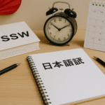 Foto realistik suasana meja belajar ujian bahasa Jepang SSW tahun 2025, menampilkan buku SSW berlambang bendera Jepang, catatan bertuliskan “日本語試験”, kalender dengan tanggal yang ditandai, jam klasik, bolpoin, dan sensu merah sebagai aksen—menggambarkan persiapan jadwal ujian bahasa Jepang SSW secara unik tanpa kehadiran manusia.