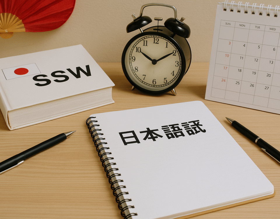 Foto realistik suasana meja belajar ujian bahasa Jepang SSW tahun 2025, menampilkan buku SSW berlambang bendera Jepang, catatan bertuliskan “日本語試験”, kalender dengan tanggal yang ditandai, jam klasik, bolpoin, dan sensu merah sebagai aksen—menggambarkan persiapan jadwal ujian bahasa Jepang SSW secara unik tanpa kehadiran manusia.