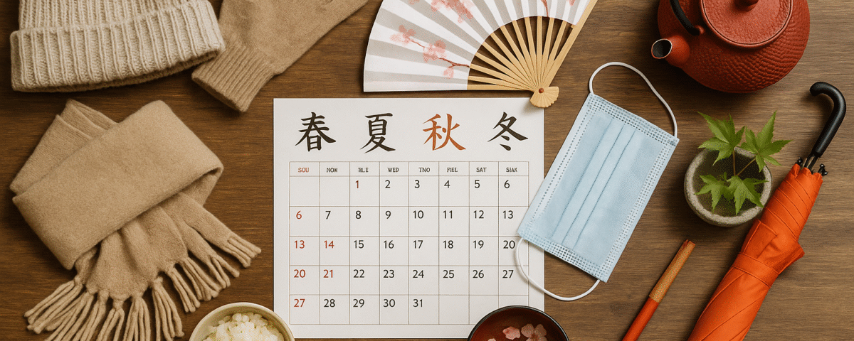 Foto realistik berbagai benda penanda musim di Jepang—syal dan sarung tangan musim dingin, kipas sakura untuk musim semi, payung oranye untuk musim hujan, teko teh merah, masker, dan kalender bertuliskan kanji musim—visual inspiratif tips menyesuaikan diri musim Jepang untuk pekerja Indonesia.
