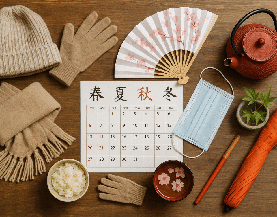 Foto realistik berbagai benda penanda musim di Jepang—syal dan sarung tangan musim dingin, kipas sakura untuk musim semi, payung oranye untuk musim hujan, teko teh merah, masker, dan kalender bertuliskan kanji musim—visual inspiratif tips menyesuaikan diri musim Jepang untuk pekerja Indonesia.