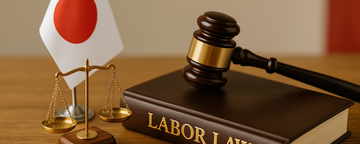 Foto realistik simbol perlindungan hukum pekerja SSW Jepang—buku labor law, palu hakim, neraca keadilan, dan bendera Jepang kecil, tersusun di atas meja kayu dengan nuansa profesional dan aksen merah putih, menggambarkan sistem hukum dan hak pekerja migran di Jepang secara elegan dan otentik.