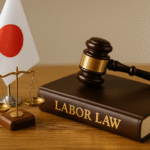 Foto realistik simbol perlindungan hukum pekerja SSW Jepang—buku labor law, palu hakim, neraca keadilan, dan bendera Jepang kecil, tersusun di atas meja kayu dengan nuansa profesional dan aksen merah putih, menggambarkan sistem hukum dan hak pekerja migran di Jepang secara elegan dan otentik.