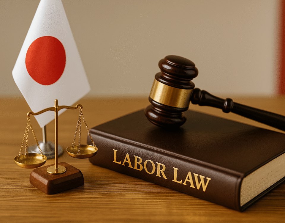 Foto realistik simbol perlindungan hukum pekerja SSW Jepang—buku labor law, palu hakim, neraca keadilan, dan bendera Jepang kecil, tersusun di atas meja kayu dengan nuansa profesional dan aksen merah putih, menggambarkan sistem hukum dan hak pekerja migran di Jepang secara elegan dan otentik.