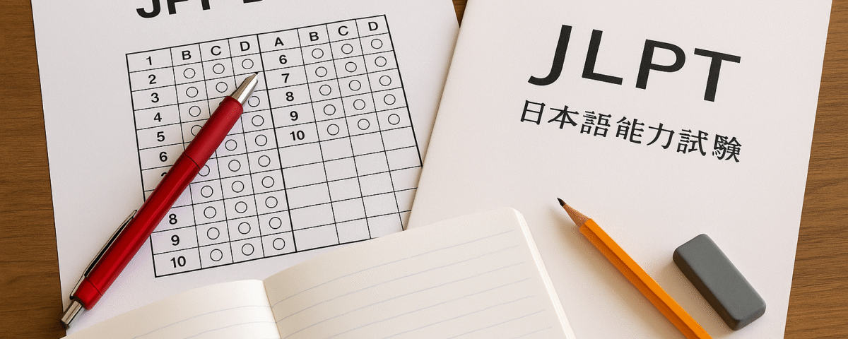 Foto realistik meja belajar berisi lembar ujian JFT Basic dengan pulpen merah, buku JLPT dengan pensil dan penghapus abu-abu, serta buku catatan terbuka. Visual ini menggambarkan ujian JFT Basic vs JLPT perbedaan strategi persiapan, dengan nuansa natural, aksen merah, dan tanpa kehadiran manusia.