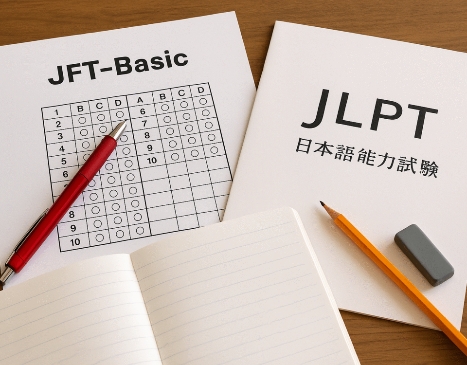 Foto realistik meja belajar berisi lembar ujian JFT Basic dengan pulpen merah, buku JLPT dengan pensil dan penghapus abu-abu, serta buku catatan terbuka. Visual ini menggambarkan ujian JFT Basic vs JLPT perbedaan strategi persiapan, dengan nuansa natural, aksen merah, dan tanpa kehadiran manusia.