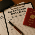 Foto realistik dokumen aplikasi visa Jepang, paspor berwarna merah, dompet hitam, dan pena perak di atas meja kayu hangat. Visual ini menggambarkan aturan visa SSW masa tinggal perpanjangan secara simbolis, menonjolkan nuansa resmi, profesional, serta aksen merah yang elegan.
